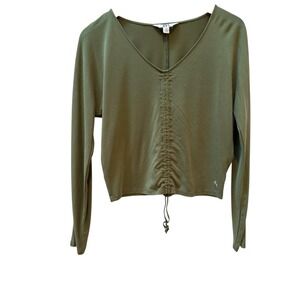 Joy Lab Olive Green Ruched V Neck Long Sleeve Cropped Athletic‎ Top XS
